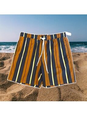 Navy and Mustard Striped Swim Trunks with Elastic Waistband